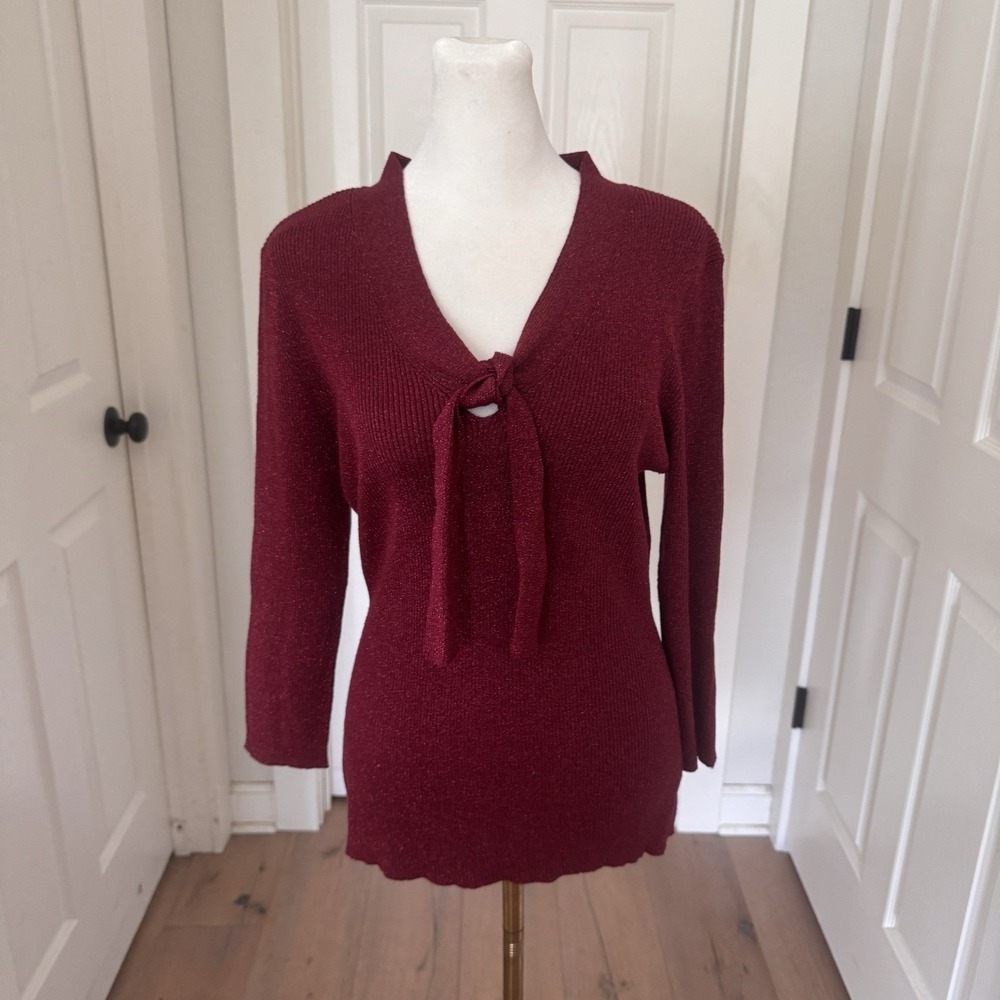 Vtg Y2k Red Metallic Silk Ribbed Sweater Top Sz L Fitted Sexy Dressy‎ Holiday